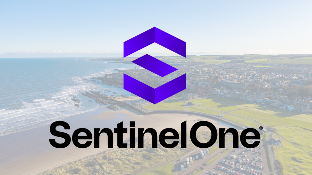 SentinelOne Logo on a backdrop of the town of St Andrews