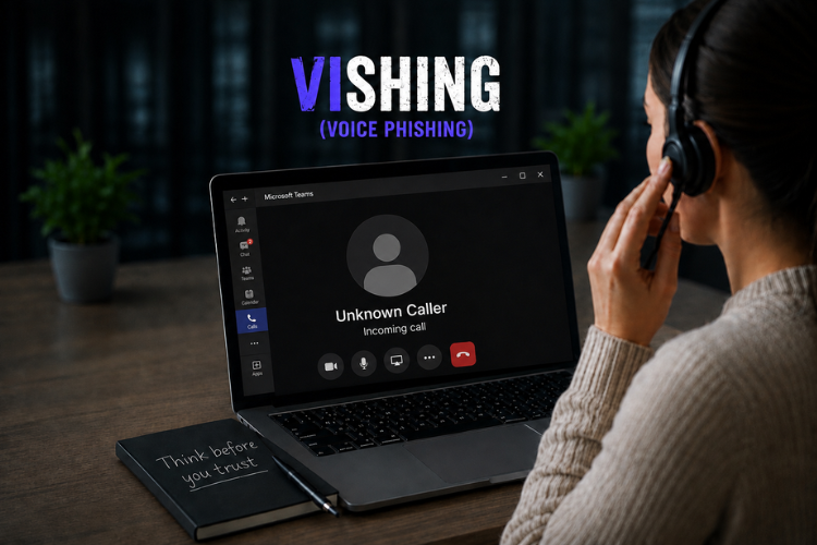 Vishing awareness graphic showing a person wearing a headset seated at a laptop displaying an incoming Microsoft Teams call from an unknown caller. The image includes the text "VISHING (VOICE PHISHING)" and a notebook with the message "Think before you trust."